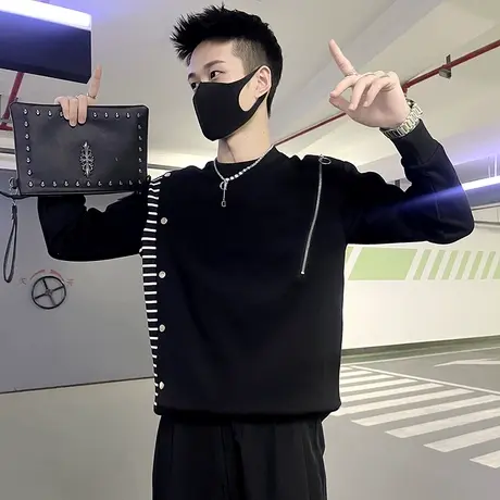 春秋季潮牌个性卫衣外套拼接拉链设计感痞帅发型师休闲打底上衣潮商品大图