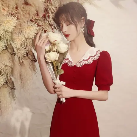 敬酒服新娘2023新款酒红色结婚订婚回门连衣裙小礼服法式鱼尾修身图片