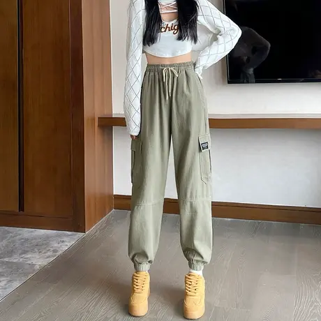 军绿色束脚九分工装裤女2024年春秋新款高腰显瘦小个子运动哈伦裤商品大图