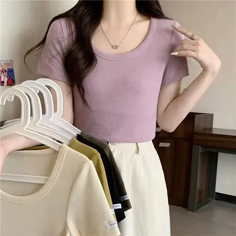 法式高级感华夫格短袖T恤女夏季百搭显瘦修身半袖上衣打底衫潮ins商品大图