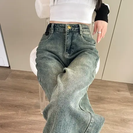 阔腿牛仔裤女2024年春秋新款宽松显瘦窄版小个子高腰卷边直筒长裤图片