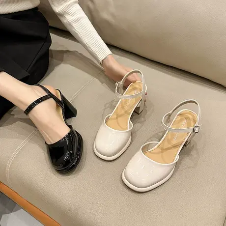 法式高跟包头凉鞋女2024年春夏新款百搭粗跟通勤一字扣带防滑单鞋商品大图