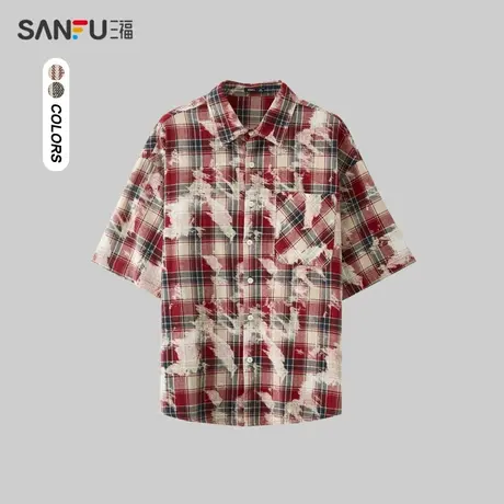 三福2024夏季男士斑驳格纹短衬衫 街头潮流宽松翻领上衣483365图片