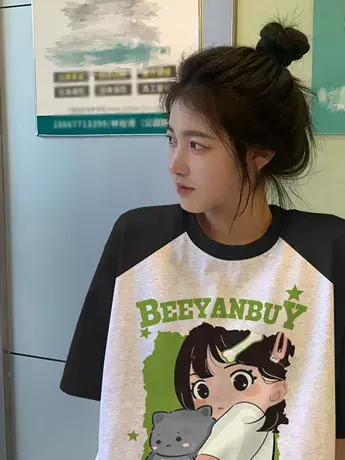 撞色插肩短袖t恤女夏季小众设计感美式复古宽松ins小个子半袖上衣商品大图