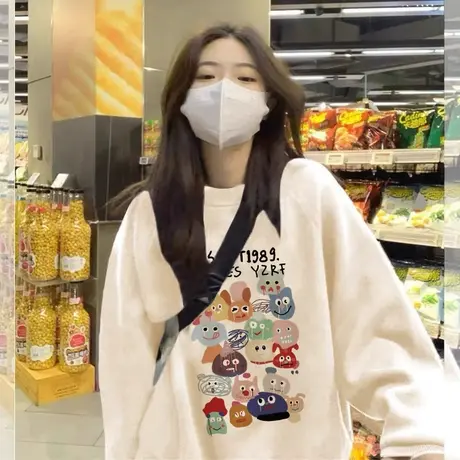 杏色圆领卫衣女薄款春秋oversize小众设计感宽松慵懒风小个子上衣商品大图