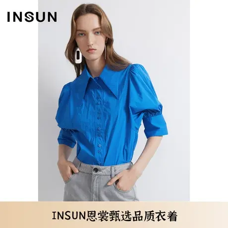 INSUN恩裳夏季尖领褶皱泡泡袖棉质衬衫图片