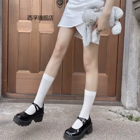 白色微透中筒袜日系INS超火潮袜及膝小腿袜 网红jk制服天鹅绒短袜商品大图