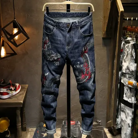 夏季款男士印花牛仔裤男裤潮牌修身小脚休闲裤子刺绣牛仔裤欧洲站商品大图