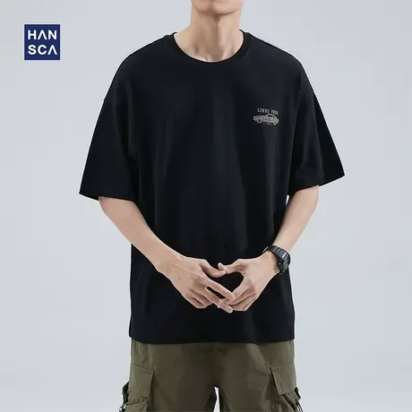 hansca 黑色印花短袖t恤男夏季新款潮牌复古美式休闲运动圆领上衣商品大图