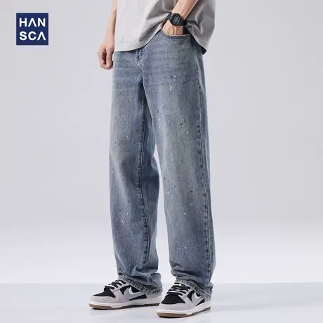 hansca泼墨直筒宽松牛仔裤男春季新款美式复古高街水洗休闲长裤子商品大图