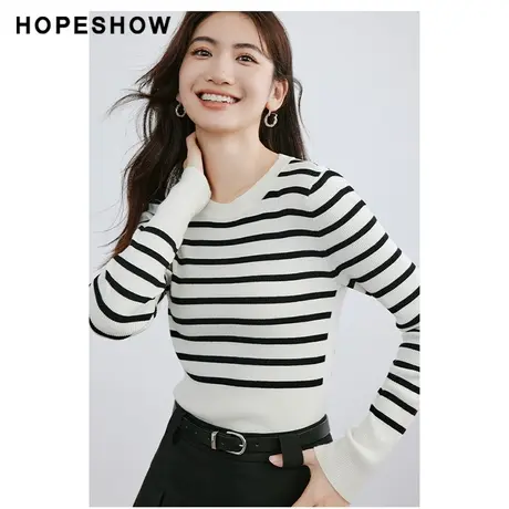 红袖肌理感圆领套头针织衫hopeshow2024春季新款条纹修身打底衫图片