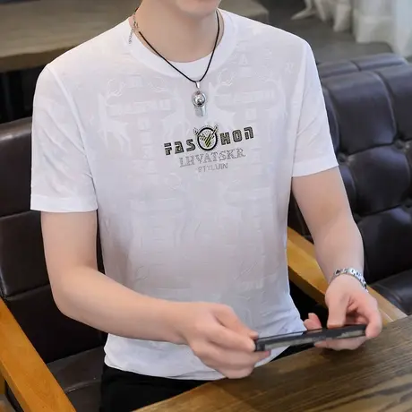 冰丝短袖T恤男2024夏季新款半袖体恤潮流时尚提花烫钻加大码男装商品大图