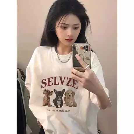 纯棉白色复古新款小狗印花创意设计上衣小众大版圆领宽松短袖体恤商品大图