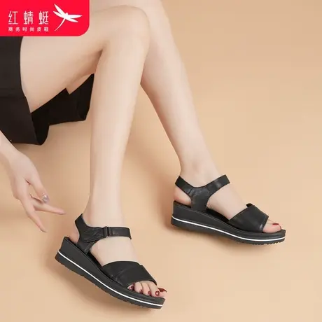 红蜻蜓女凉鞋2024夏季新款坡跟透气休闲百搭平底舒适魔术贴凉鞋女商品大图