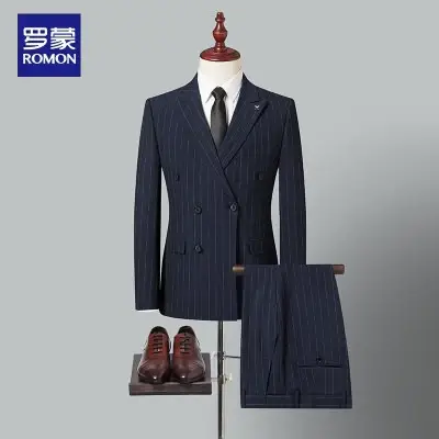 罗蒙西服套装男士结婚新郎双排扣条纹正装商务休闲西装三件套伴郎图片