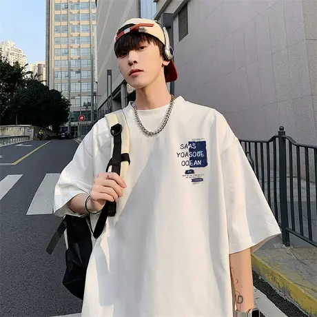 夏季重磅短袖t恤男款宽松圆领纯棉体恤美式潮流印花青年情侣半袖商品大图