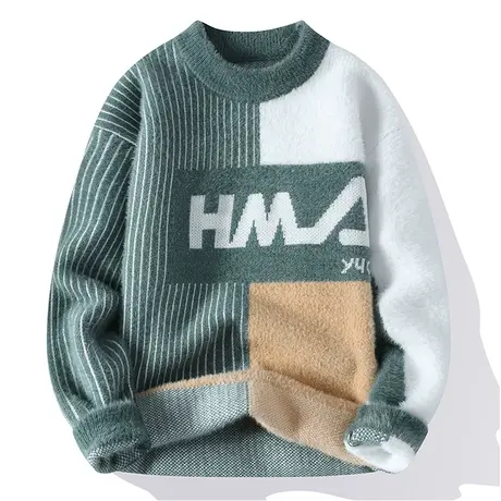 拼接撞色毛衣男士秋冬季潮牌宽松半高领针织衫男加厚保暖套头毛衫商品大图