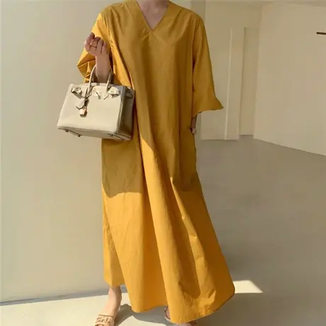 夏装新款灯笼袖套头V领连衣裙女过膝长款韩版宽松大码时尚休闲裙图片