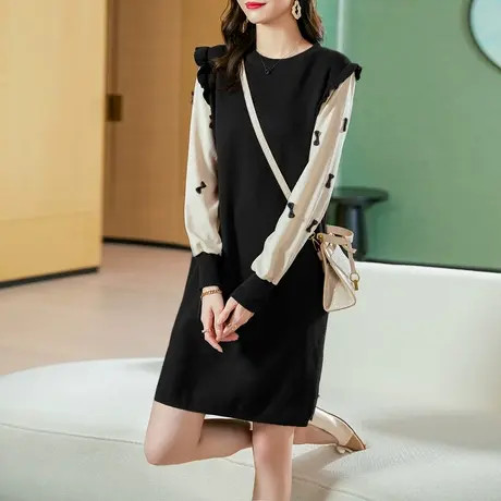 时尚拼接针织连衣裙2021年春秋季新款女士气质显瘦中长款毛衣裙子图片