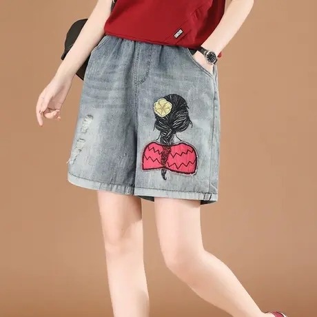 韩潮袭人松紧腰休闲刺绣牛仔短裤女2023夏季新款显瘦阔腿裤热裤子商品大图