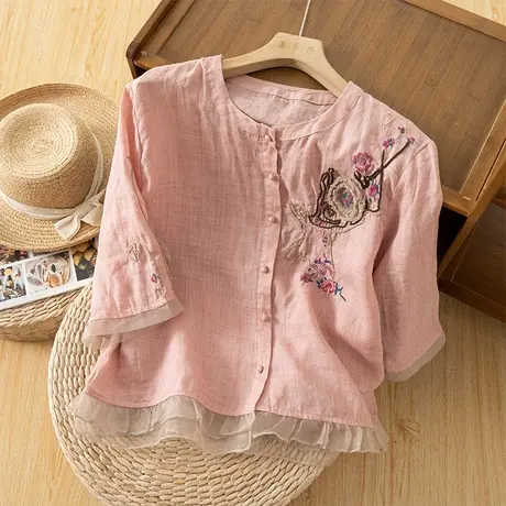 享永子五分袖苎麻衬衫女重工刺绣蕾丝拼接高级感棉麻上衣2023新款商品大图