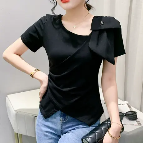 欧货不规则开叉上衣女短袖夏季设计感小众V领网红T恤洋气百搭小衫商品大图