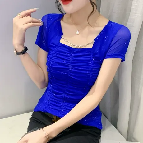 性感方领网纱T恤女短袖2023夏季新款洋气褶皱小衫设计感百搭上衣商品大图