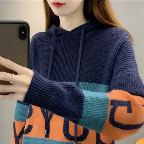 字母连帽针织衫套头毛衣女2023年秋冬新款韩版休闲宽松卫衣帽子衫商品大图