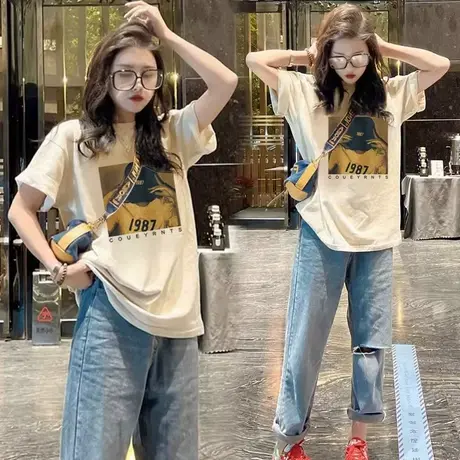 夏日多巴胺穿搭2023新款宽松设计感短袖t恤女夏季纯棉体恤中长款商品大图