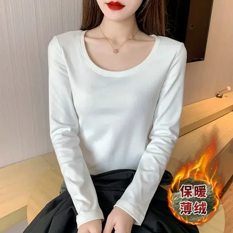 黑色圆领打底衫女秋冬加绒加厚长袖t恤洋气时尚保暖内搭体恤上衣商品大图