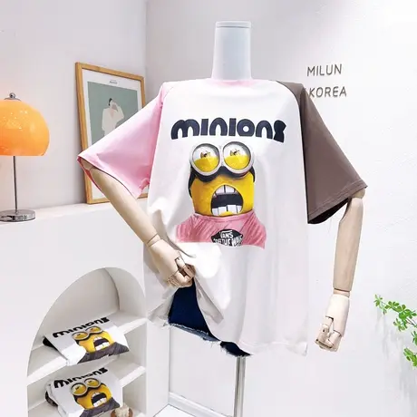 欧货时髦洋气中长款包臀上衣23春夏新款韩版搞怪宽松撞色短袖T恤商品大图