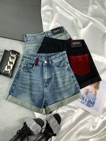 复古磨白卷边牛仔短裤2023春夏新款显瘦百搭宽松a字阔腿裤高腰裤商品大图