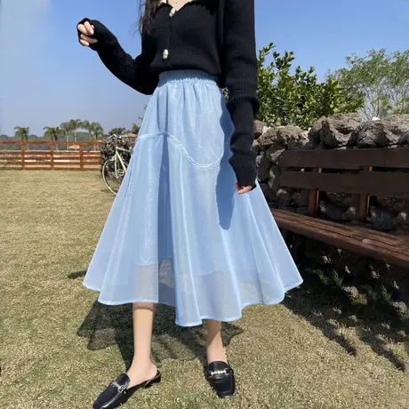 蒙面纱裙女秋冬新款中长款A字高腰蓬蓬裙洋气法式百褶网纱半身裙图片