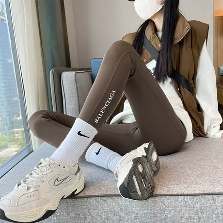 咖色鲨鱼皮打底裤女外穿春秋2023高腰修身显瘦收腹提臀字母瑜伽裤图片