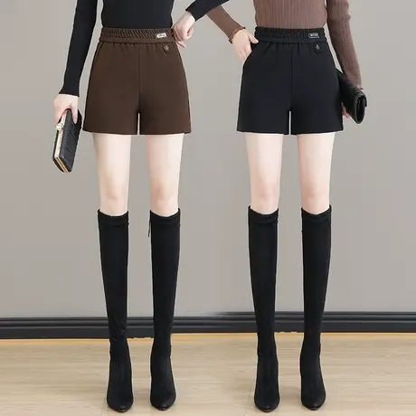 秋冬季毛呢短裤女2023松紧腰简约时尚外穿靴裤韩版大码a字阔腿裤图片