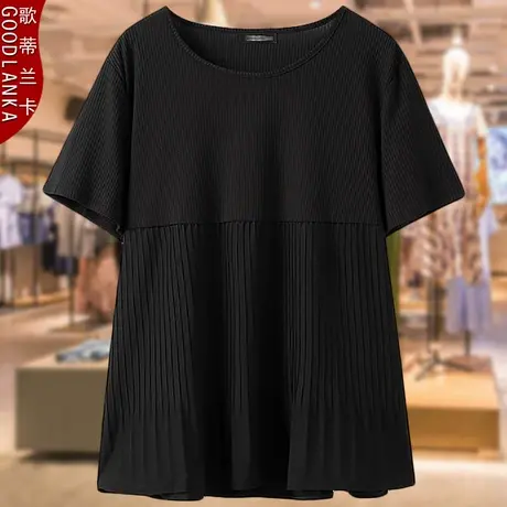 加肥加大码胖妈妈夏季薄款短袖t恤宽松洋气减龄弹力拼接雪纺上衣商品大图