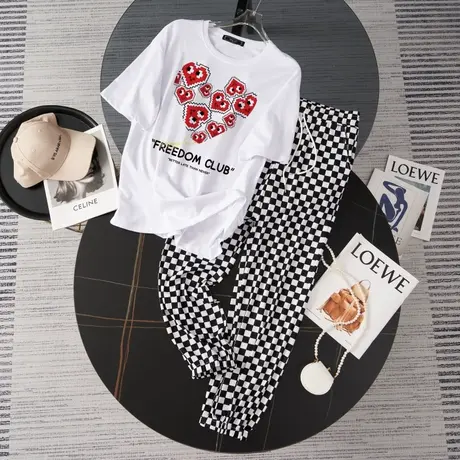 纯棉大码运动服套装女2023新款夏季宽松短袖长裤小个子休闲两件套商品大图