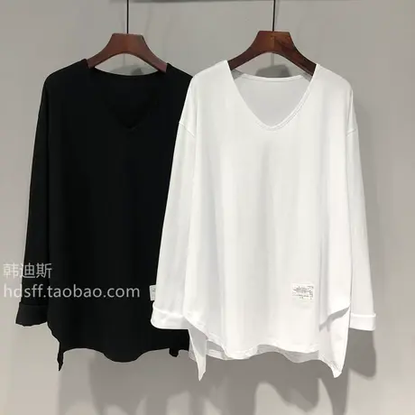 长袖t恤女2021秋装新款韩国ulzzang宽松V领韩范中长款不对称上衣商品大图
