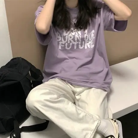 紫色t恤女2023年新款夏季短袖宽松韩风chic上衣半袖设计感小众商品大图