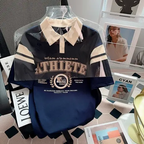 纯棉美式复古高街polo领短袖t恤女夏季新款宽松设计感小众上衣潮商品大图