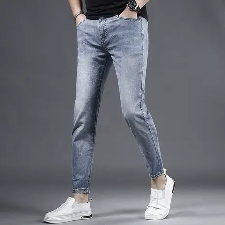 浅蓝色九分牛仔裤男2023夏季薄款修身小脚潮牌冰丝弹力新款裤子男图片