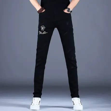 2023新款秋款男士轻奢高端牛仔裤男黑色刺绣印花修身小脚裤子潮牌商品大图