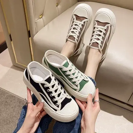 厚底小白帆布板鞋女春秋ins潮2023年新款小众百搭休闲运动鞋系带商品大图
