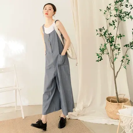 桔熊夏季休闲白色背心宽松口袋条纹吊带裤子女两件套大码BA6368图片