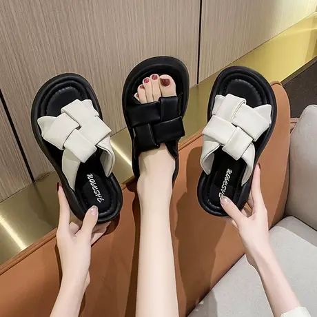 一字拖编织镂空松糕厚底凉拖女夏季外穿时尚休闲防滑增高面包拖鞋商品大图