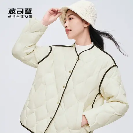 波司登2023秋新款时尚轻暖无领短款羽绒服外套女宽松休闲女葫芦纹商品大图