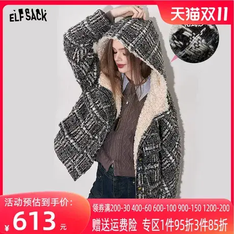 妖精的口袋粗花呢小香风外套女2023冬季新款拼接格纹宽松气质上衣图片