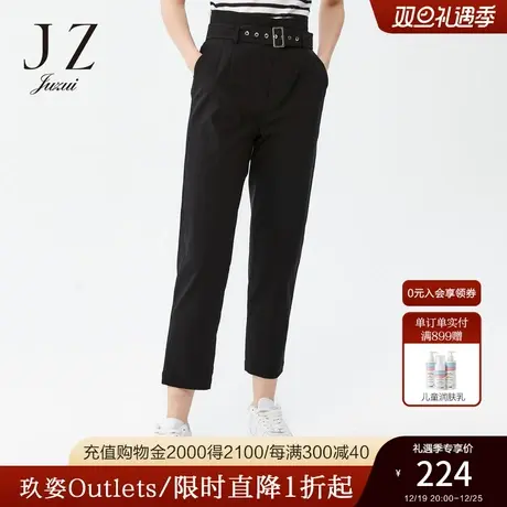 JZ玖姿官方奥莱黑色运动风休闲裤春秋新款个性腰带显瘦九分裤商品大图