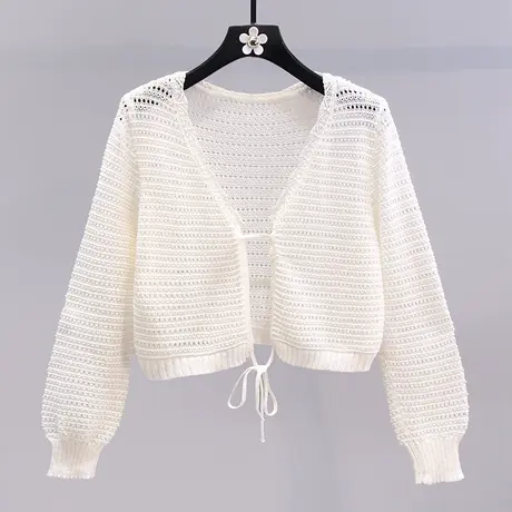 镂空V领冰丝针织开衫女2023年新款设计感外搭小个子短款防晒上衣图片