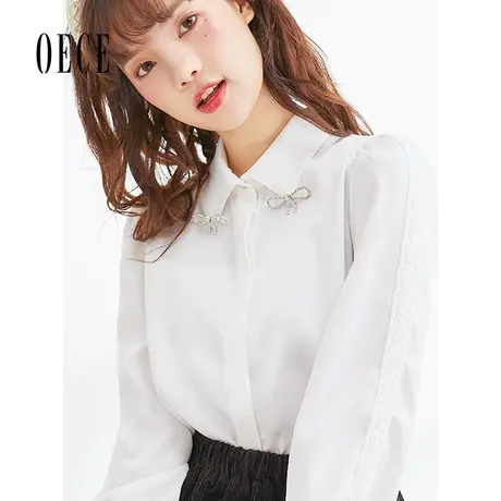 Oece蕾丝花边长袖衬衫上衣春秋新款女装气质白色衬衣商品大图
